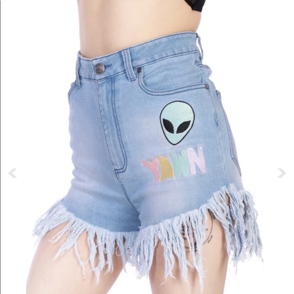 Dolls Kill Pants - Disturbia Frilled Stretchy Blue Jean shorts